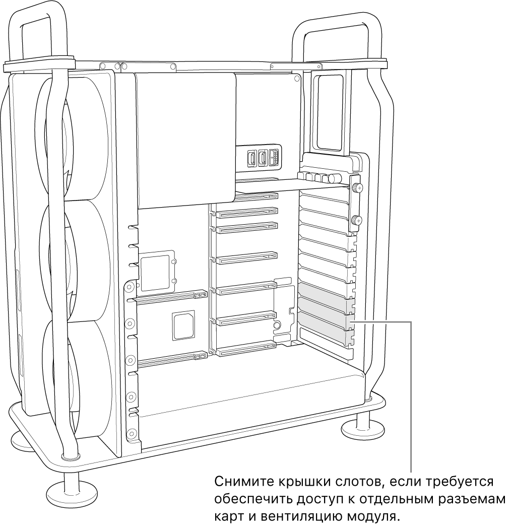 Снятие крышек слотов для доступа к разъемам карт и вентиляции модуля.