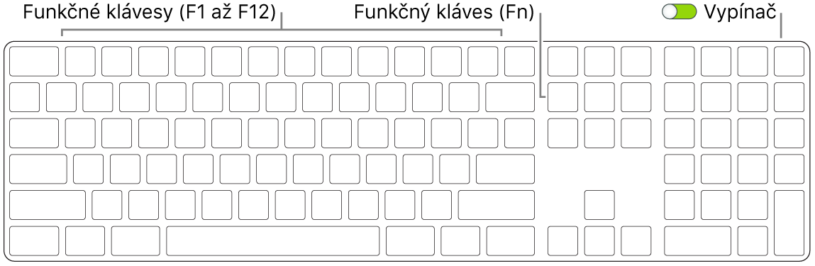 Magic Keyboard s funkčným klávesom (Fn) v ľavom dolnom rohu a prepínačom zapnutia/vypnutia v pravom hornom rohu klávesnice.