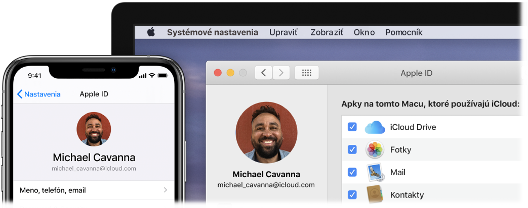 iPhone so zobrazenými nastaveniami iCloudu a obrazovka Macu s oknom iCloudu.