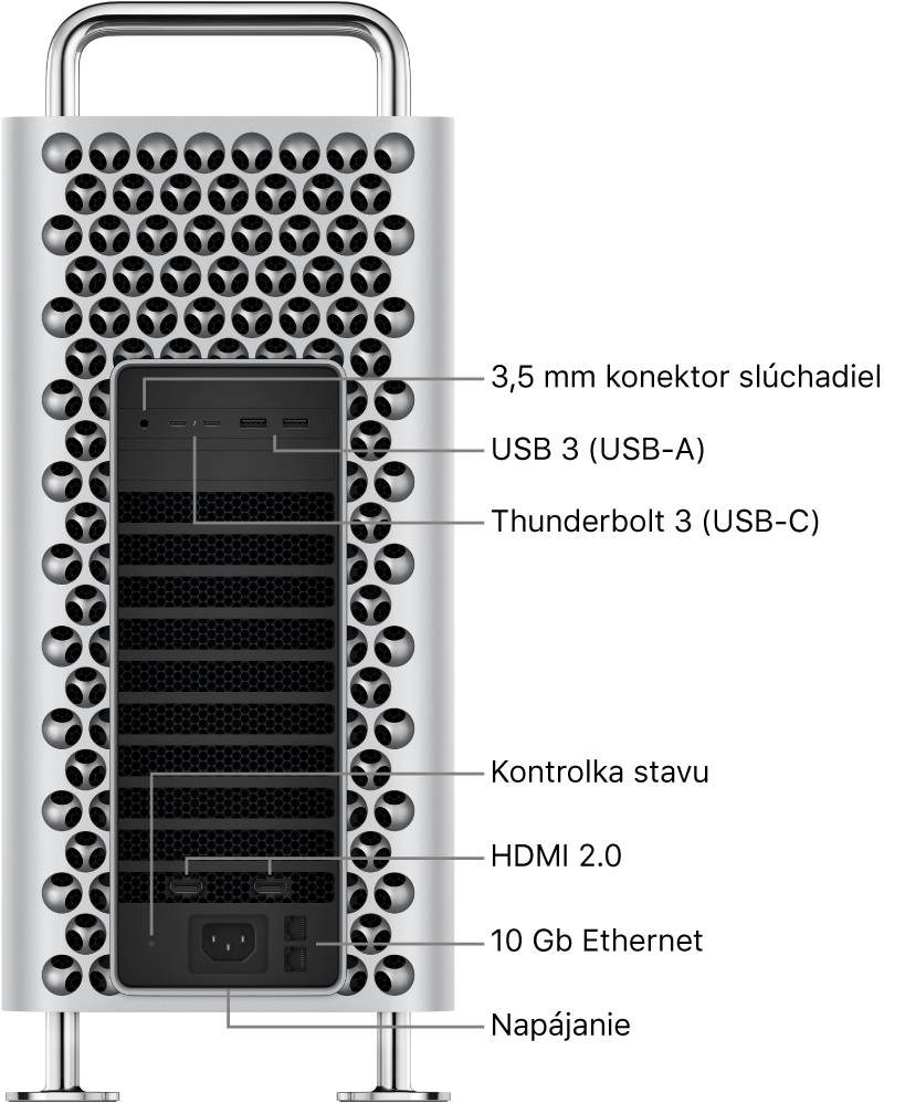 Bočná strana Macu Pro znázorňujúca 3,5 mm konektor slúchadiel, dva USB-A porty, dva Thunderbolt 3 (USB-C) porty, indikátor stavu, dva HDMI 2.0 porty, dva 10 Gigabit Ethernet porty a napájací port.