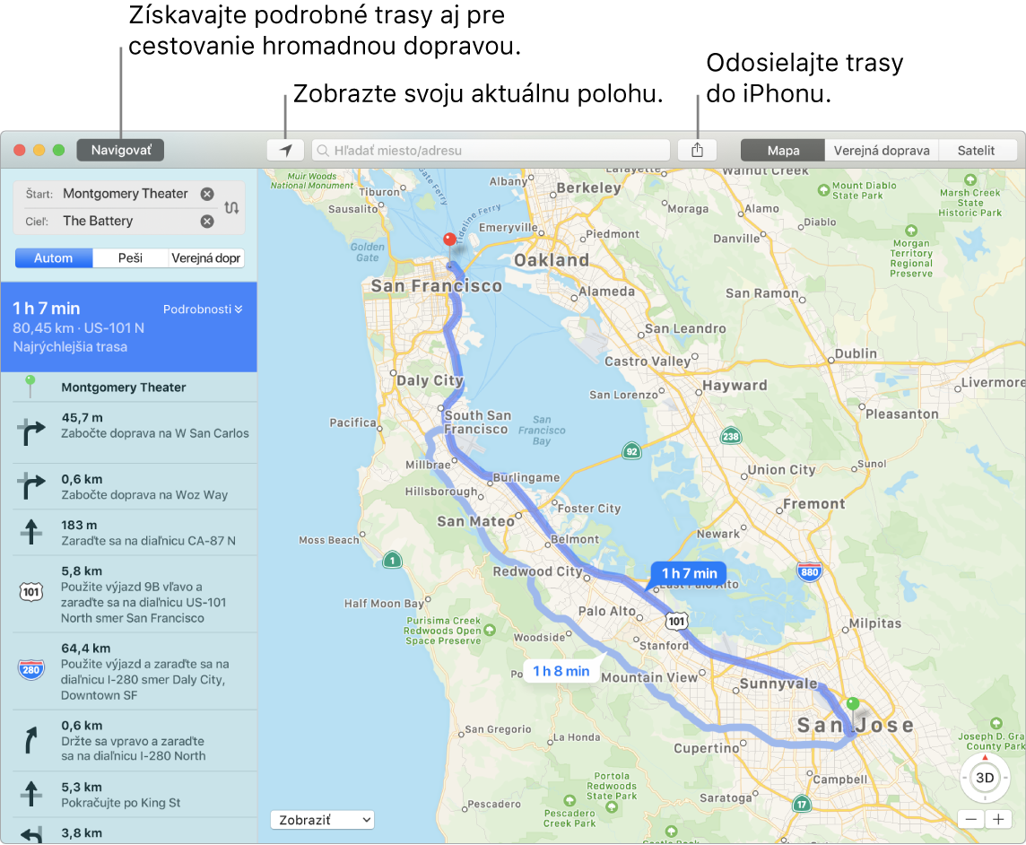 Okno aplikácie Mapy s postupom, ako získať trasu kliknutím na tlačidlo Navigovať vľavo hore a ako poslať podrobnú navigáciu na iPhone pomocou tlačidla Zdieľať.