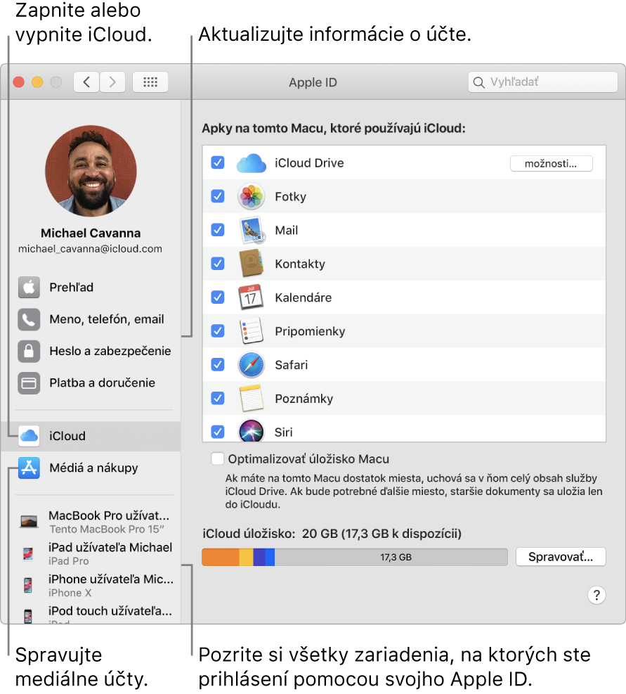 Panel Apple ID v Systémových nastaveniach. Po kliknutí na rôzne položky v postrannom paneli môžete aktualizovať údaje o svojom účte, zapnúť alebo vypnúť iCloud, spravovať mediálne účty alebo zobraziť všetky zariadenia prihlásené pod vaším Apple ID.
