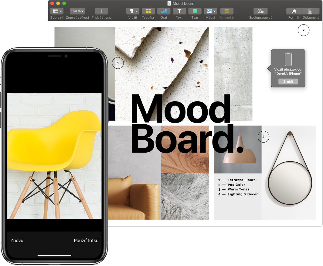iPhone s fotkou a obrazovka Macu, na ktorej sa zobrazuje dokument Pages a v ňom rámček, do ktorého bude fotka umiestnená.