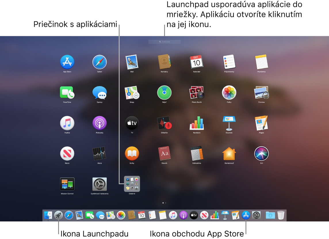 Obrazovka Macu s otvoreným Launchpadom, v ktorom je znázornený priečinok s aplikáciami v Launchpade, a ikony Launchpadu a App Storu v Docku.