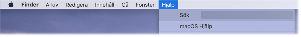 En del av skrivbordet med en öppen Hjälp-meny som visar menyalternativ för sökning och macOS Hjälp.
