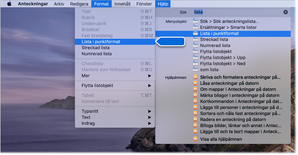 Hjälpmenyn visar en sökning efter ”lista” med kommandot Lista i punktformat markerat i träfflistan och i menyn Format.