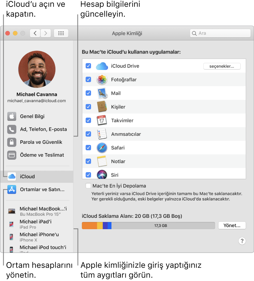 Sistem Tercihleri’ndeki Apple Kimliği bölümü. Hesap bilgilerinizi güncellemek, iCloud’u açıp kapatmak, ortam hesaplarını yönetmek ve Apple kimliğinizle giriş yapmış tüm aygıtları görmek için kenar çubuğundaki bir öğeyi tıklayın.