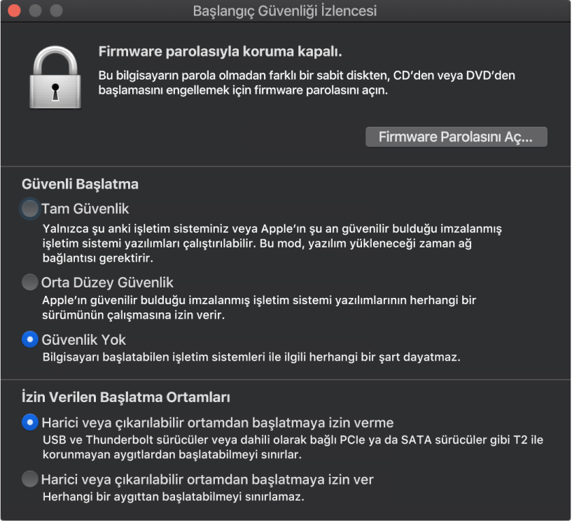 Başlangıç Güvenliği İzlencesi penceresi, güvenli başlatma için işaretlenmiş bir seçenek ve harici başlatma için işaretlenmiş bir seçenek ile açıktır.