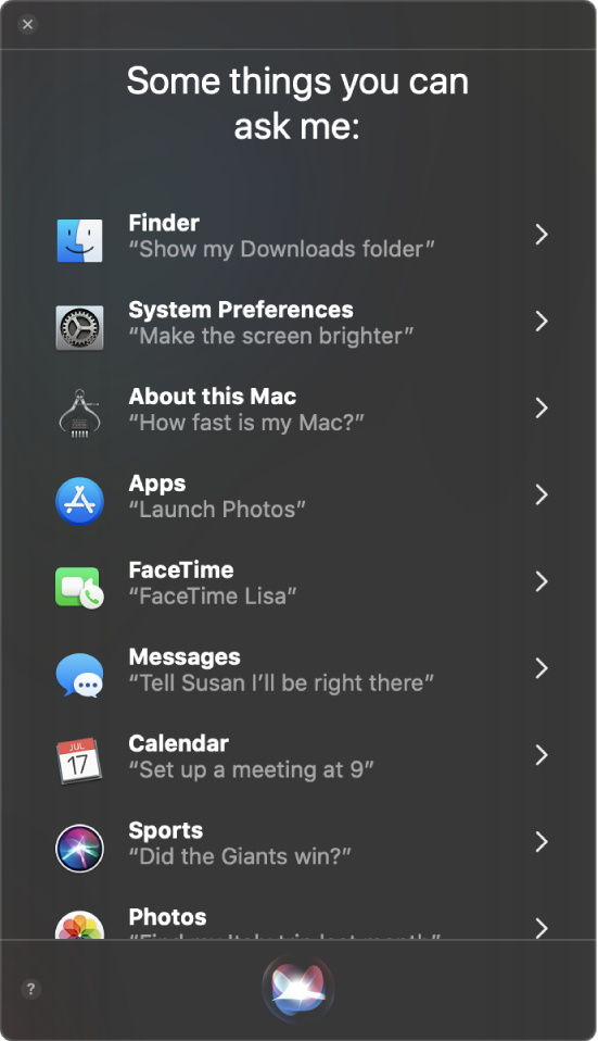 Вікно Siri із заголовком «Some things you can ask me» та зразком запитів до Siri, як-от «Did the Giants win?»