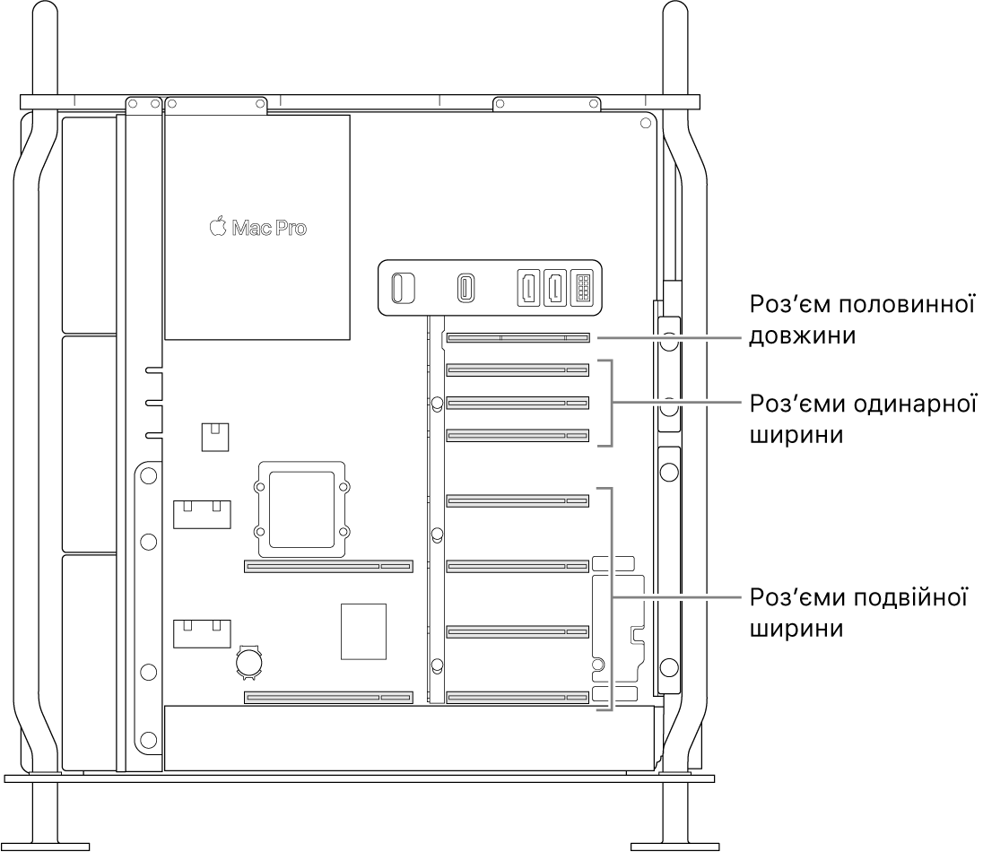 Вигляд на відкритий Mac Pro збоку й виноски, що вказують на роз’єми подвійної ширини, одинарної ширини та половинної довжини.
