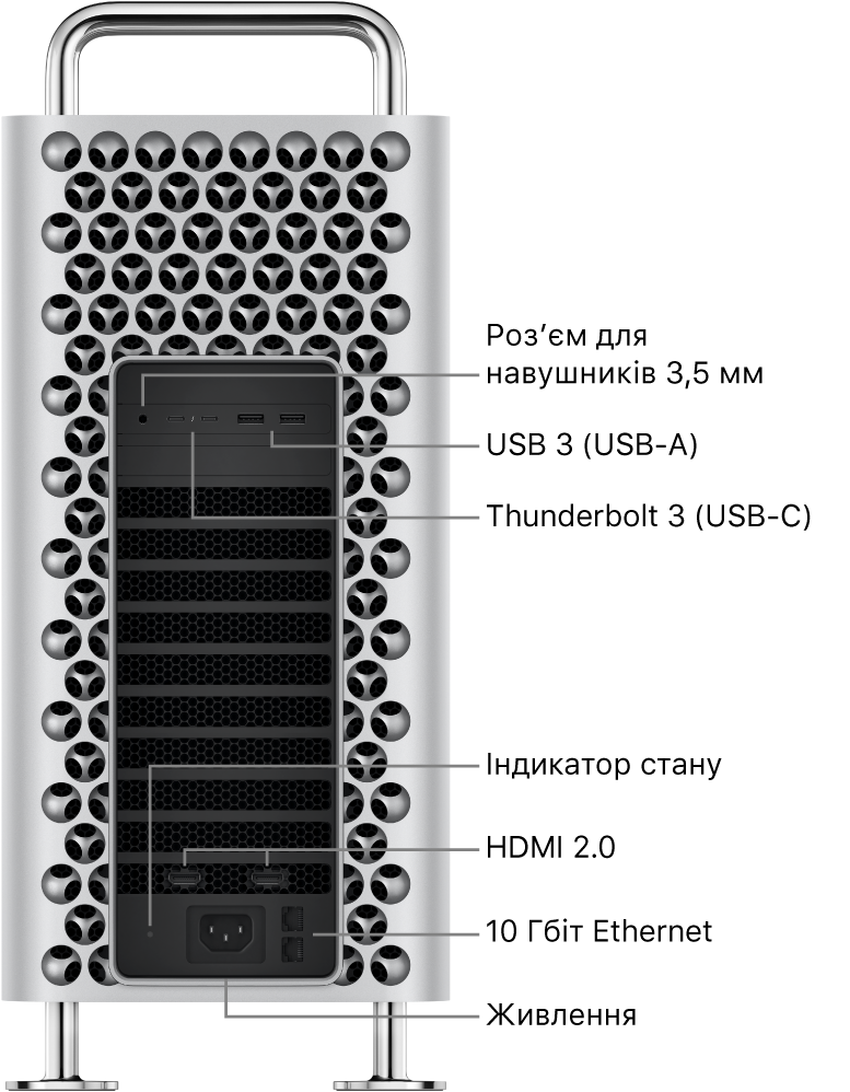 Вигляд Mac Pro збоку з гніздом 3,5 мм для навушників, двома портами USB-A, двома портами Thunderbolt 3 (USB-C), світловим індикатором стану, двома портами HDMI 2.0, двома портами 10 Gigabit Ethernet і портом живлення.