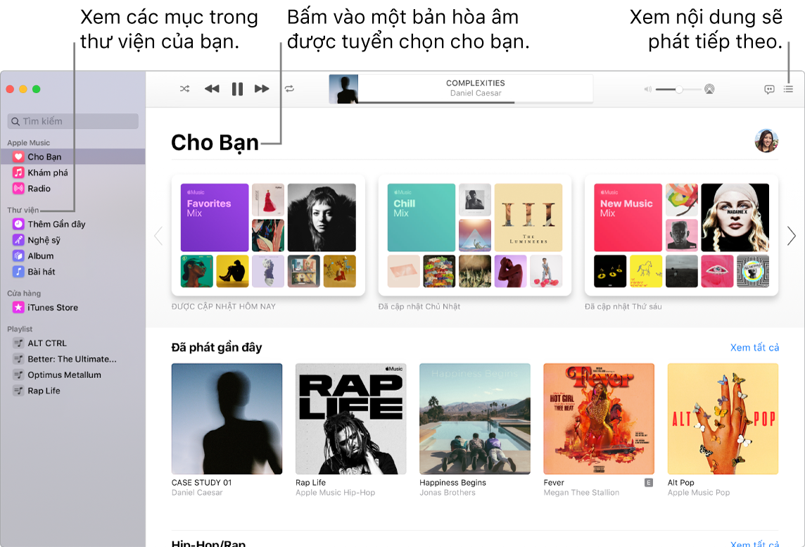 Một cửa sổ ứng dụng Nhạc đang minh họa cách xem thư viện của bạn, nghe Apple Music và xem bài nào sẽ phát tiếp theo.