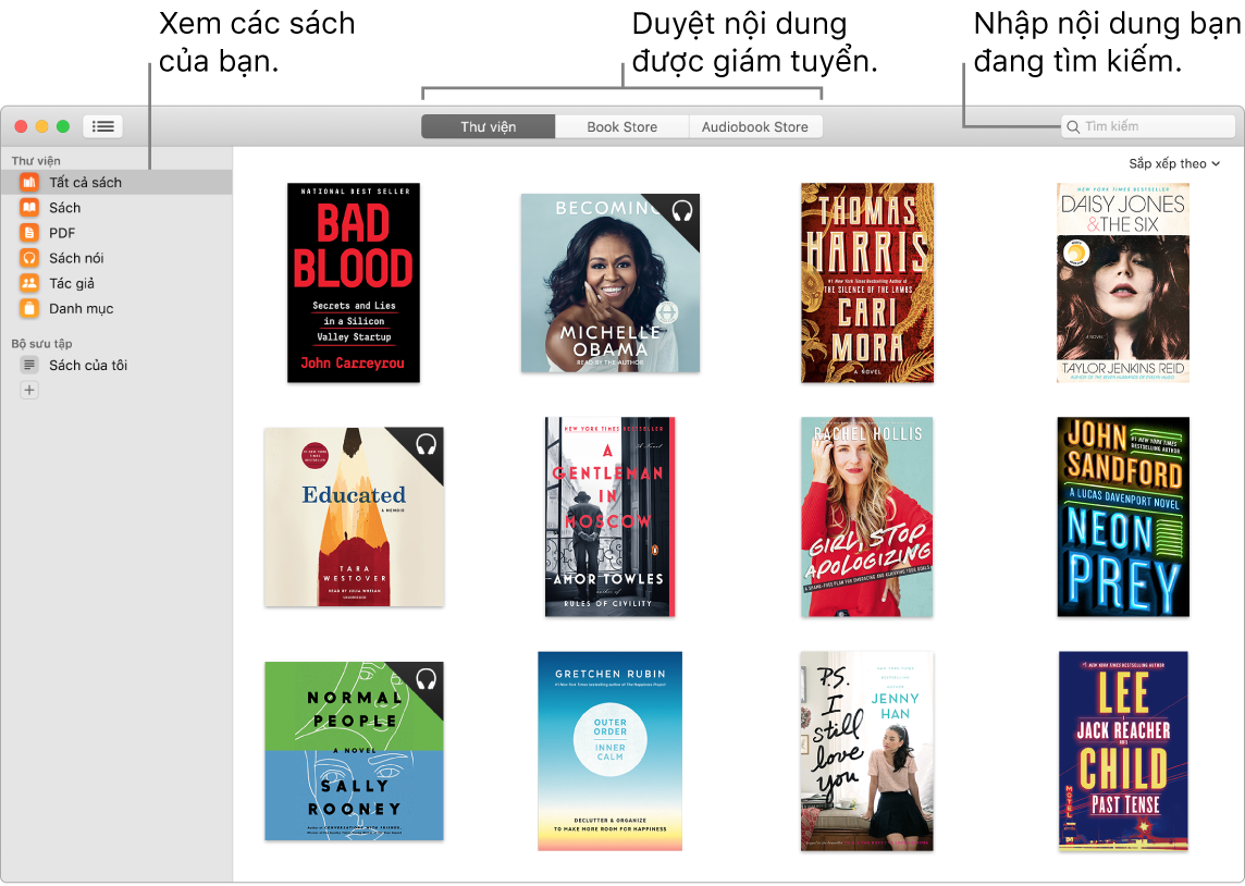 Một cửa sổ ứng dụng Sách đang minh họa cách xem sách, duyệt nội dung được giám tuyển và tìm kiếm.
