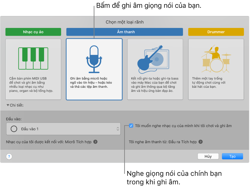 Khung nhạc cụ GarageBand đang hiển thị nơi cần bấm để ghi âm giọng hát và cách nghe chính bạn trong khi ghi âm.