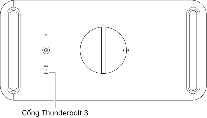 Mặt trên của Mac Pro, đang chỉ ra cổng Thunderbolt 3 đúng cần sử dụng.