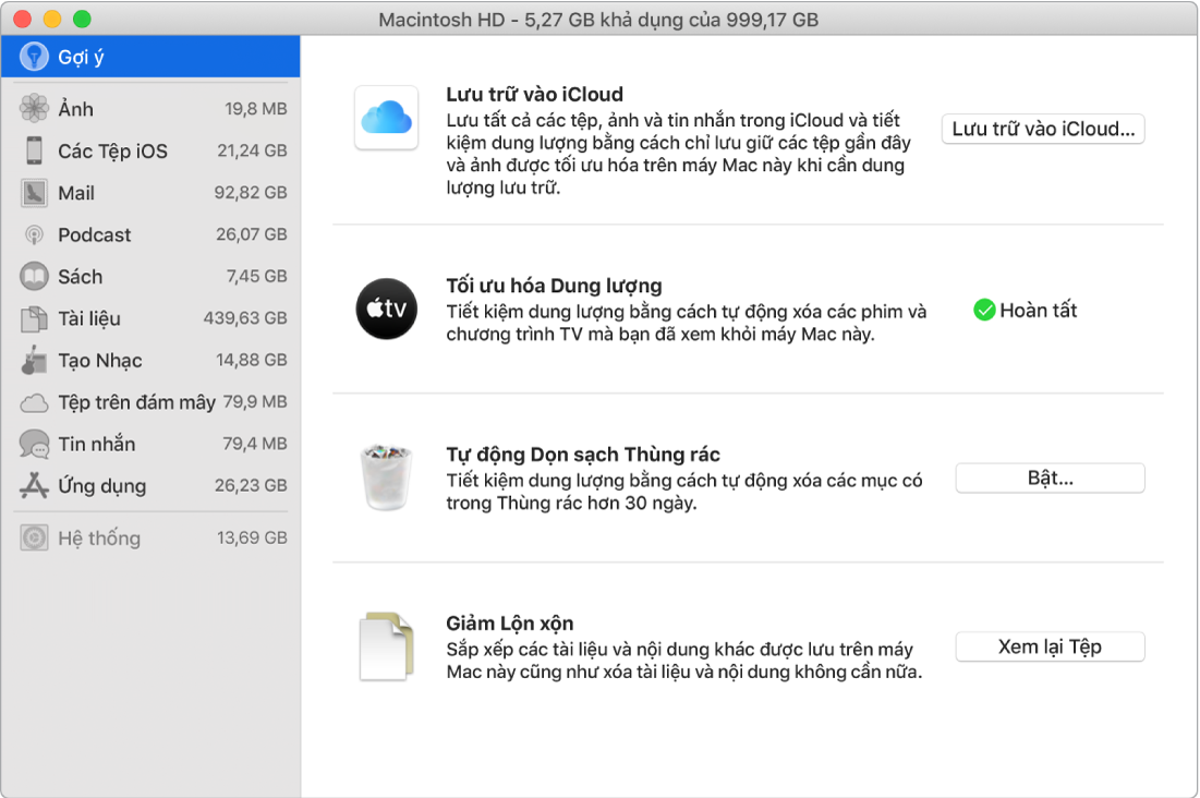Các tùy chọn Gợi ý cho ổ lưu trữ, đang hiển thị các tùy chọn Lưu trữ vào iCloud, Tối ưu hóa dung lượng, Tự động xóa thùng rác và Giảm lộn xộn.