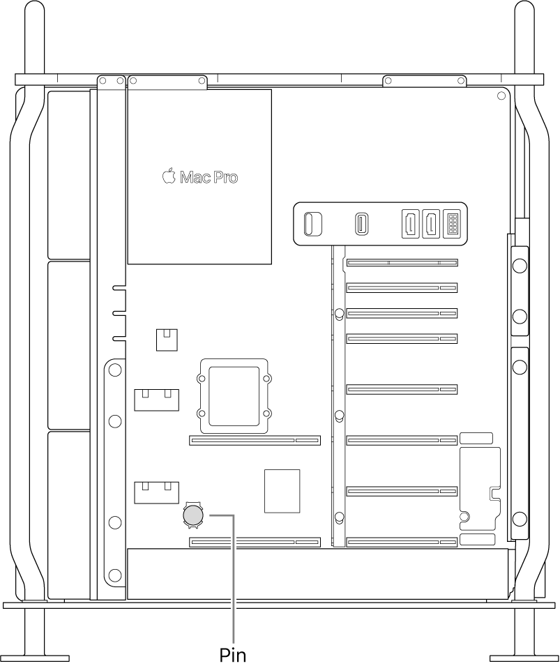 Hình ảnh mặt bên được mở của Mac Pro minh họa vị trí của viên pin đồng xu.