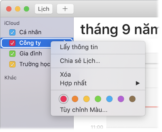 Menu phím tắt Lịch với các tùy chọn để tùy chỉnh màu của lịch.
