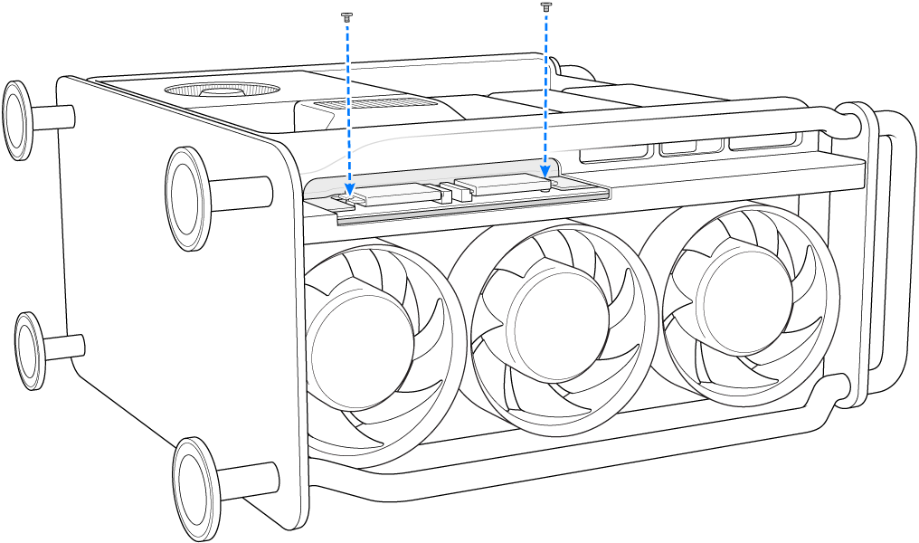 Mac Pro nằm trên mặt bên và đang hiển thị hai vít đang được lắp.