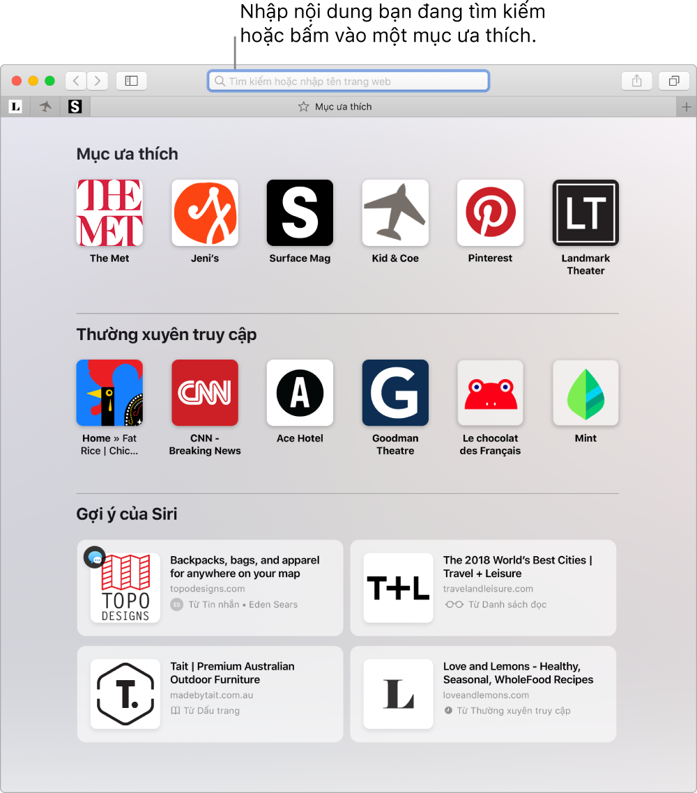 Một cửa sổ Safari với chế độ xem Mục ưa thích được hiển thị và trường Tìm kiếm thông minh được làm nổi bật.