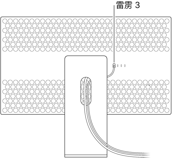 Pro Display XDR 背面吸附到 Pro Stand，线缆穿过支架连接到显示器。