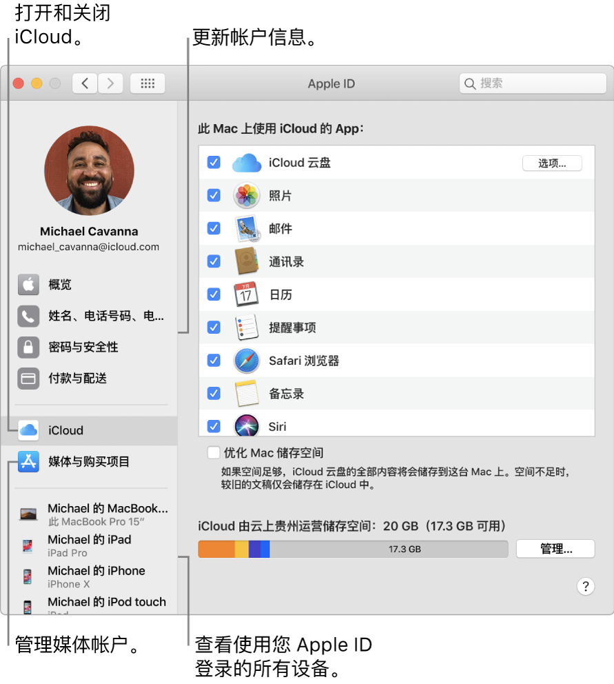 “系统偏好设置”的“Apple ID”面板。点按边栏中的一项以更新帐户信息，打开或关闭 iCloud，管理媒体帐户，以及查看使用您 Apple ID 登录的所有设备。