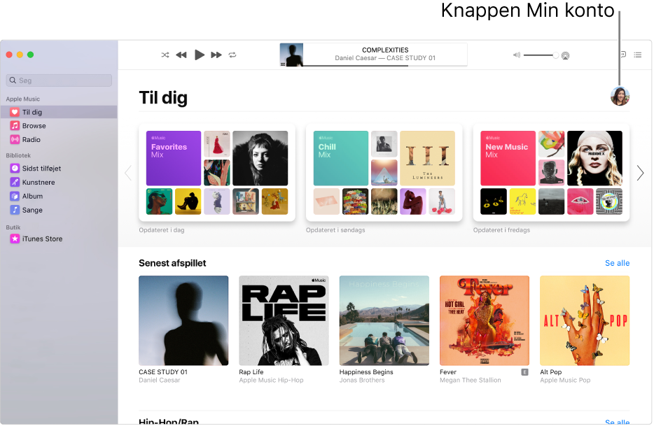 Apple Music-vinduet, som viser Til dig. Knappen Min konto (som ligner et foto eller et monogram) er placeret i øverste højre hjørne af vinduet.