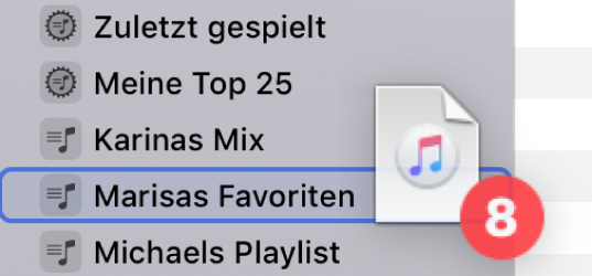 Ein Album, das in eine Playlist bewegt wird. Die Playlist wird durch ein blaues Rechteck hervorgehoben.