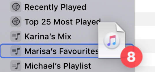 An album being dragged to a playlist. The playlist is highlighted with a blue rectangle.