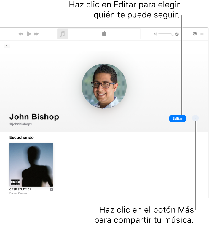 La página de perfil de Apple Music: En la parte derecha de la ventana, haz clic en Edición para seleccionar quién puede seguirte. En la parte derecha de Edición, haz clic en el botón Más para compartir tu música.