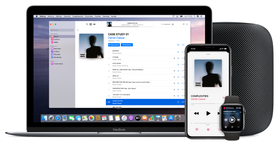 Una canción reproduciéndose en una Mac, un iPhone y un Apple Watch, con un HomePod.