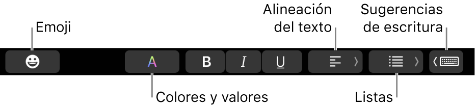 La Touch Bar con los botones de la app Mail, de izquierda a derecha, Emoji, Colores, Negrita, Cursiva, Subrayado, Alineación, Listas y Sugerencias de escritura.