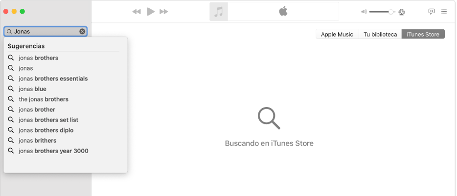 La ventana Música con la opción “iTunes Store” seleccionada en la esquina superior derecha y la palabra “Jonas” introducida en el campo de búsqueda de la esquina superior izquierda. Los resultados sugeridos por iTunes Store para “Jonas” se muestran en la lista que aparece bajo el campo de búsqueda.