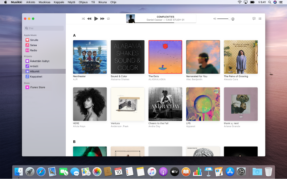 Apple Music-ikkuna, jossa on useita albumeja sisältävä kirjasto.