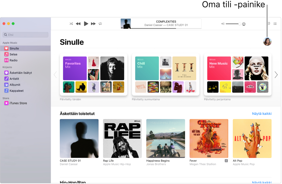 Apple Music ‑ikkuna, jossa näkyy Sinulle-osio. Oman tilin painike (näyttää valokuvalta tai nimikirjaimilta) on ikkunan oikeassa yläkulmassa.