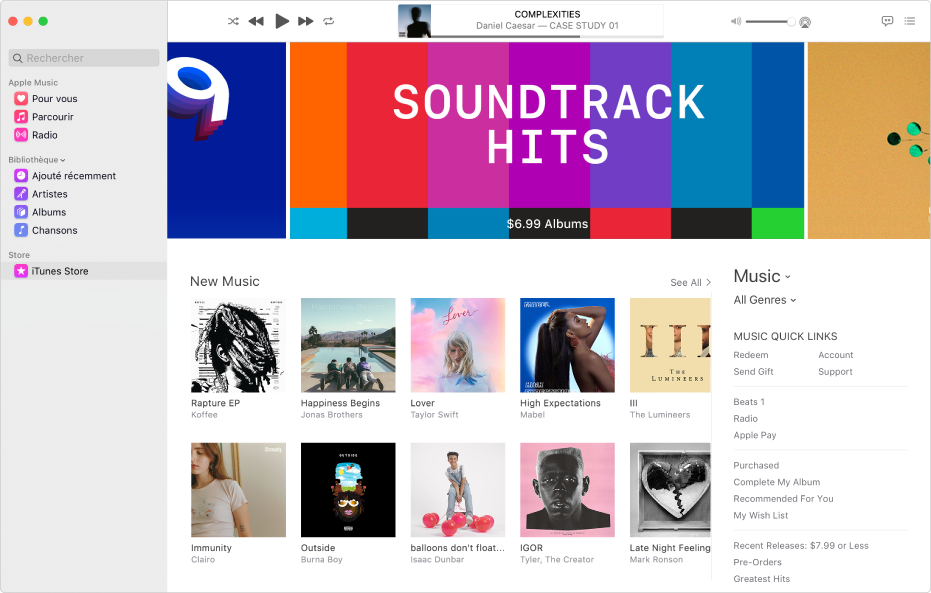 La fenêtre principale de l’iTunes Store : Dans la barre latérale, iTunes Store est surligné.