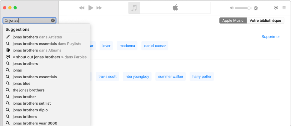 L’écran Musique affichant Musique sélectionné dans le coin supérieur droit, et « Jonas » saisi dans le champ de recherche en haut à gauche. Les résultats suggérés de Musique pour « Jonas » s’affichent dans la liste sous le champ de recherche.