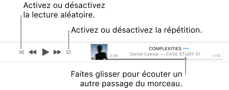 La bannière avec un morceau en cours de lecture. Le bouton « Ordre aléatoire » se trouve dans le coin supérieur gauche, le bouton Répétition dans le coin supérieur droit. Faites glisser le curseur dans la barre de progression pour accéder à une autre partie du morceau.