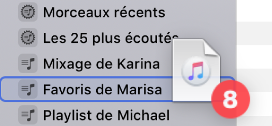 Album déplacé vers une playlist. La playlist est mise en évidence par un rectangle bleu.