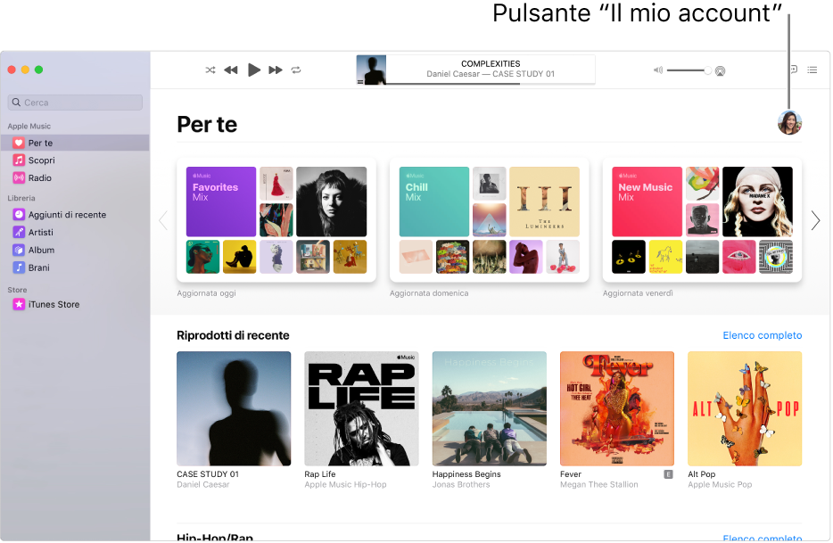 La finestra di Apple Music con l'opzione “Per te”. Il pulsante del tuo account (che sembra una foto o un monogramma) si trova nell'angolo superiore destro della finestra.