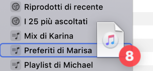 Un album che viene trascinato su una playlist. La playlist è evidenziata con un rettangolo blu.