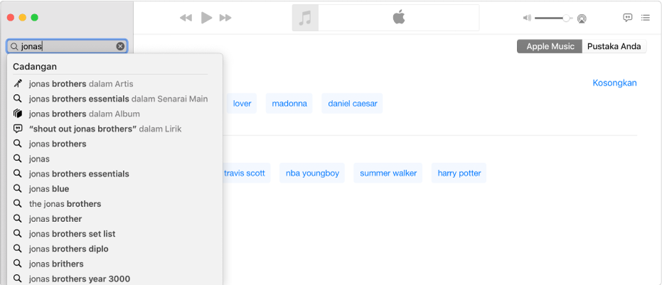 Skrin Muzik menunjukkan Apple Music dipilih di bahagian penjuru kanan atas dan “Jonas” dimasukkan dalam medan carian di bahagian penjuru kiri atas. Hasil cadangan Apple Music untuk “Jonas” dipaparkan dalam senarai di bawah medan carian.