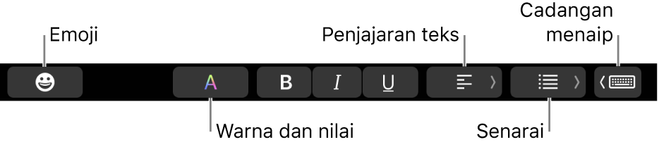 Touch Bar dengan butang daripada app Mail yang termasuk—dari kiri ke kanan—Emoji, Warna, Tebal, Italik, Garis Bawah, Penjajaran, Senarai dan Cadangan Menaip.