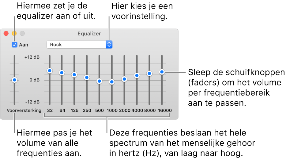 Het venster 'Equalizer': Het aankruisvak waarmee je de Muziek-equalizer inschakelt, bevindt zich linksbovenin. Ernaast zie je het venstermenu met de voorinstellingen van de equalizer. Helemaal links pas je het algemene volume van frequenties aan met de voorversterker. Onder de voorinstellingen van de equalizer pas je het geluidsniveau per frequentiebereik aan. Elk bereik vertegenwoordigt een bepaald gedeelte van het menselijk gehoor, van laag naar hoog.