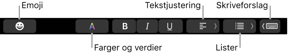 Touch Bar med knapper fra Mail-programmet, som inkluderer, fra venstre mot høyre, Emoji, Farger, Uthevet, Kursiv, Understreket, Justering, Lister og Skriveforslag.