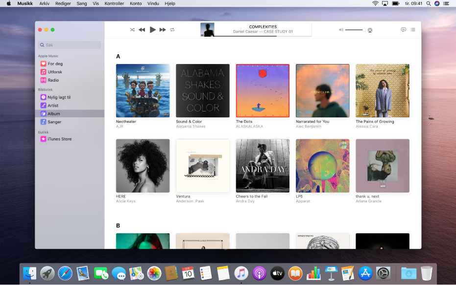 Apple Music-vinduet med et bibliotek med flere albumer.