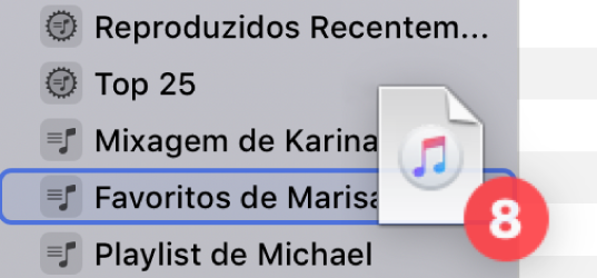 Um álbum sendo arrastado para uma playlist. A playlist está destacada por um retângulo azul.