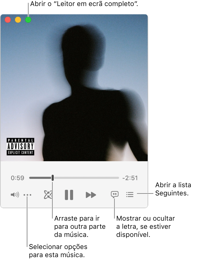 O mini-leitor expandido mostra os controlos relativos à música que está a ser reproduzida. No canto superior esquerdo encontra-se o botão Fechar, que serve para mudar para a janela completa da aplicação Música. No fundo da janela encontra-se um nivelador que pode arrastar para ir para uma parte diferente da música. Por baixo do nivelador, à esquerda, encontra-se o botão Mais, que permite escolher as opções de visualização e outras opções relativas à música que está a ser reproduzida. Na extrema direita, por baixo do nivelador, estão dois botões: a lupa, para pesquisar na biblioteca de música, e a lista “A seguir”, que mostra o que vai ser reproduzido a seguir.
