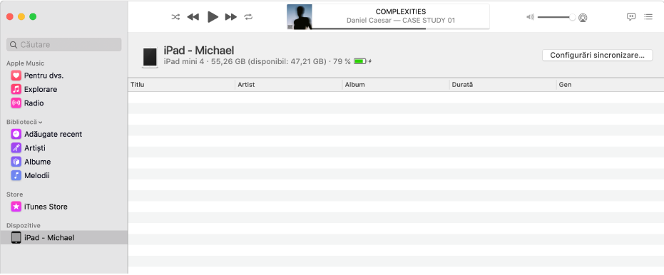 Fereastra aplicației Muzică afișând un dispozitiv (iPad-ul lui Mihai) în bara laterală. Butonul Configurări sincronizare din colțul din dreapta sus deschide Finder.