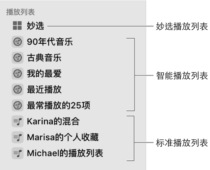 “音乐”边栏显示不同类型的播放列表：妙选播放列表、智能播放列表和标准播放列表。